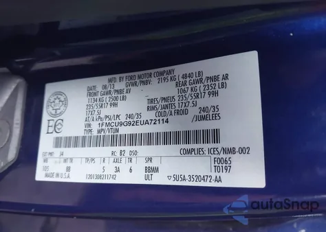 2014 Ford Escape Se из США, поврежденный, VIN 1FMCU9G92EUA72114